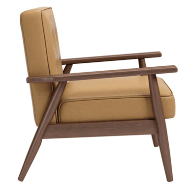 A mid-century modern style armchair featuring an exposed wooden frame, a tufted upholstered back, and flat wooden armrests, with tapered legs. — 3D model