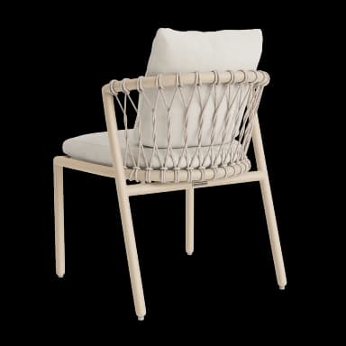 A contemporary armchair featuring a light beige powder-coated metal frame, a distinctive woven beige rope backrest, and two thick, light cream-colored upholstered cushions for the seat and back. — 3D model