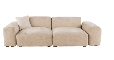 A top-down view of a contemporary two-seater loveseat, upholstered in a light beige, textured fabric. It features two large seat cushions, two rectangular back cushions, and wide, softly padded armrests that are integrated into the frame. A small square throw pillow rests on the left seat. — 3D model
