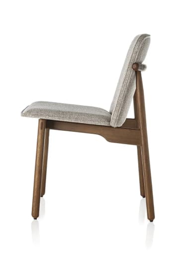 A modern upholstered dining chair featuring a solid wood frame and light grey textured fabric upholstery. The chair has a gently curved backrest supported by a distinctive rounded wooden element extending from the frame. The legs are tapered and match the wood finish of the frame. — 3D model