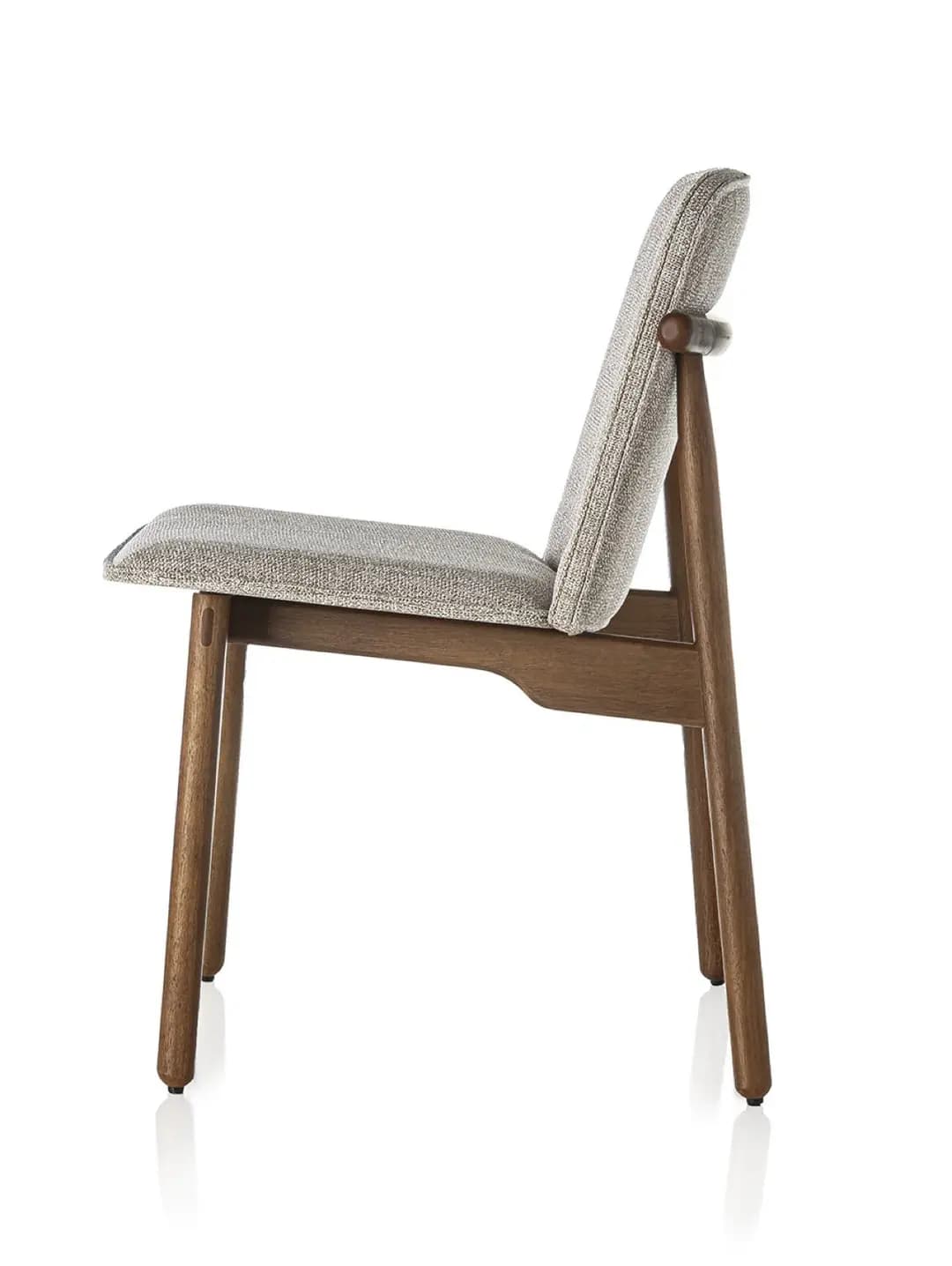 A modern upholstered dining chair featuring a solid wood frame and light grey textured fabric upholstery. The chair has a gently curved backrest supported by a distinctive rounded wooden element extending from the frame. The legs are tapered and match the wood finish of the frame. — 3D model