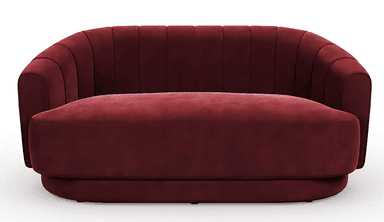 A two-seater sofa with a curved back and armrests. The upholstery features vertical channel tufting on the back and sides, extending to the armrests. The base is a rounded, solid plinth. — 3D model