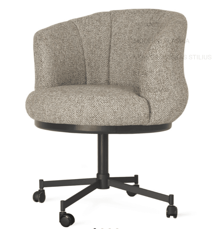 An upholstered swivel chair featuring a bucket-style seat with integrated armrests and a curved backrest. The chair is covered in a textured, light brown/beige fabric with vertical channel tufting on the back. It sits on a black metal five-star base equipped with casters for mobility. — 3D model
