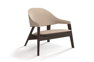 A modern armchair with a curved silhouette. The chair features a dark wooden frame and upholstered seat and back in a speckled grey fabric. The armrests are integrated into the frame, flowing from the backrest to the front. — 3D model