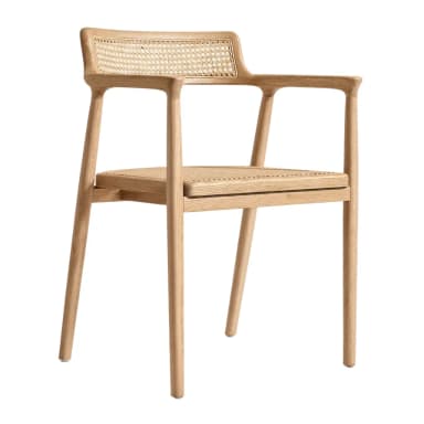 A modern dining armchair crafted from light-colored solid oak wood with natural cane weaving on both the backrest and the seat. The chair features a minimalist frame with rounded edges, integrated armrests that flow from the backrest, and four straight, tapered legs. — 3D model