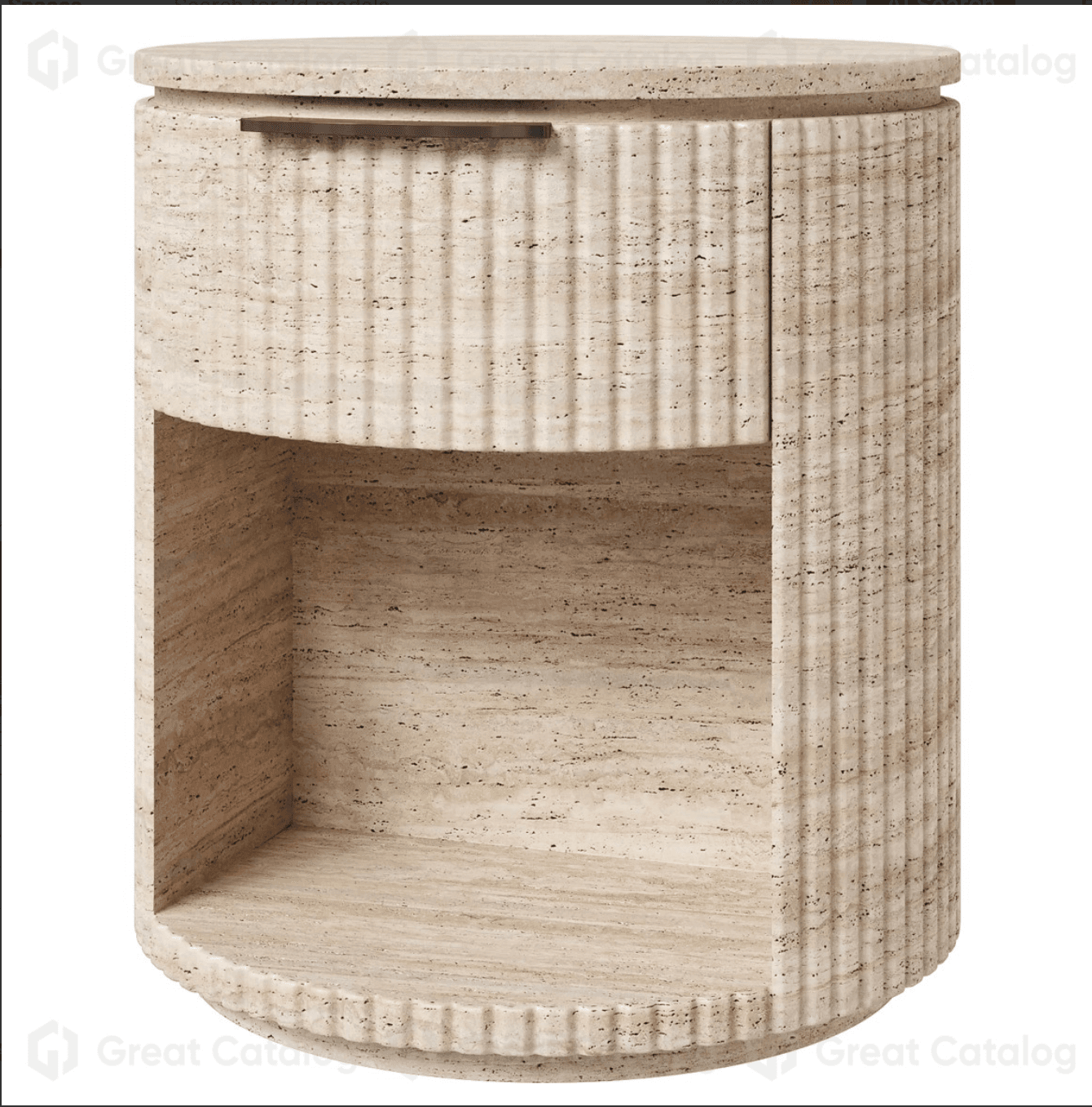 A cylindrical nightstand with a fluted exterior and a single drawer. It features an open shelf below the drawer. The top is flat and circular. A slim, rectangular drawer pull is horizontally mounted on the drawer front. — 3D model