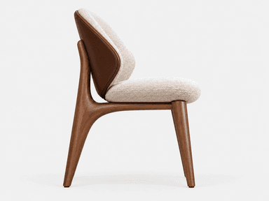 This is a contemporary armchair featuring a distinctive barrel-back design. The chair is upholstered in a light beige, subtly textured fabric with an intricate, organic pattern. A smooth, dark-stained wooden frame outlines the top and sides of the backrest, flowing down to form the four tapered legs. The seat cushion is integrated and matches the backrest's upholstery, creating a cohesive and inviting aesthetic. — 3D model
