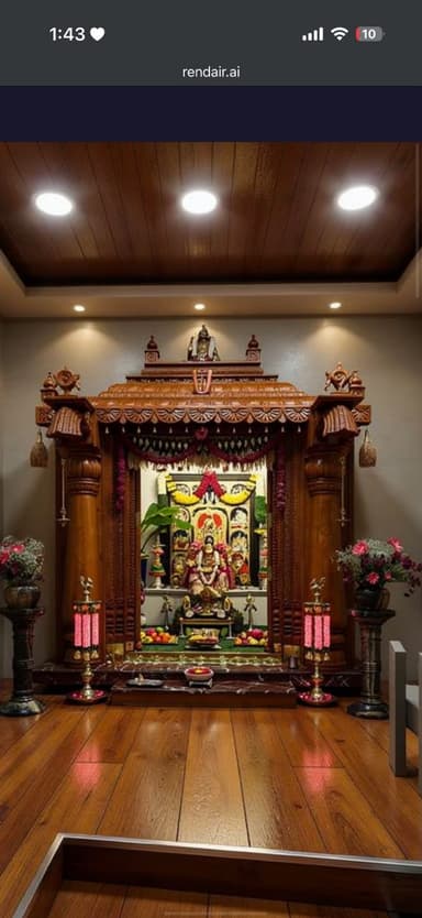 An intricately carved wooden structure designed as a home temple or puja mandir, featuring a tiered pyramidal roof, ornate columns, and a platform for deities and offerings. The structure is rendered in a medium brown wood tone, suggesting materials like teak or rosewood. Small bells hang from the roof corners, and the interior displays miniature idols, floral garlands, and various food offerings on a green base. — 3D model
