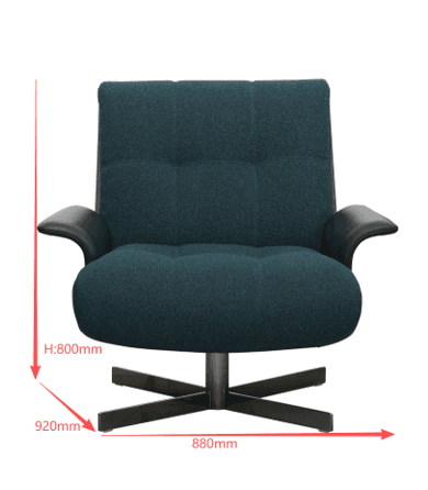 A contemporary lounge armchair featuring a two-tone upholstery design. The main seating areas and backrest are covered in a dark teal textured fabric, while the integrated armrests and the outer shell of the backrest are upholstered in black faux leather or leather. The backrest shows subtle horizontal tufting. The chair is supported by a sleek, black four-star metal swivel base. — 3D model