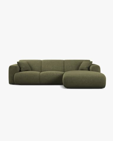 A contemporary modular sectional sofa in olive green textured fabric, featuring a low profile and an integrated chaise lounge. — 3D model