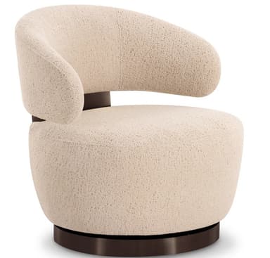 A contemporary swivel armchair featuring a rounded, barrel-like silhouette, upholstered in a cream-colored boucle fabric. The chair has a deep, comfortable seat and a low, curved backrest that forms continuous armrests. It rests on a dark, circular swivel base. — 3D model