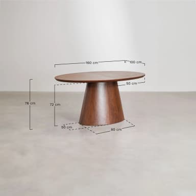 An oval-shaped dining table featuring a rich, dark wood finish and a sturdy, tapered pedestal base. The tabletop exhibits visible seam lines, suggesting it is designed to accommodate extension leaves. Its minimalist design and clean lines give it a modern and sophisticated appearance. — 3D model