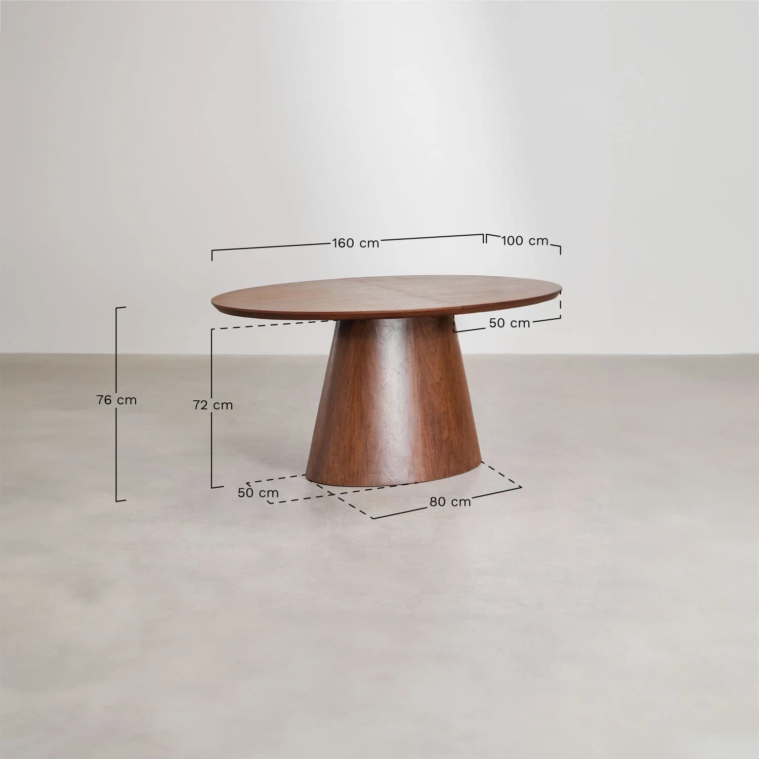An oval-shaped dining table featuring a rich, dark wood finish and a sturdy, tapered pedestal base. The tabletop exhibits visible seam lines, suggesting it is designed to accommodate extension leaves. Its minimalist design and clean lines give it a modern and sophisticated appearance. — 3D model