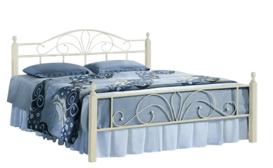 A traditional bed frame constructed from cream-colored metal, featuring intricate scrollwork designs on both the headboard and footboard. The frame includes four corner posts topped with finials. The bed is dressed with blue and gray patterned bedding and a light blue bed skirt. — 3D model