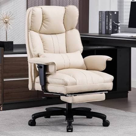 A modern high-back office chair upholstered in cream-colored padded faux leather, featuring adjustable armrests, a lumbar support pillow, a retractable footrest, and a five-star swivel base with casters. — 3D model
