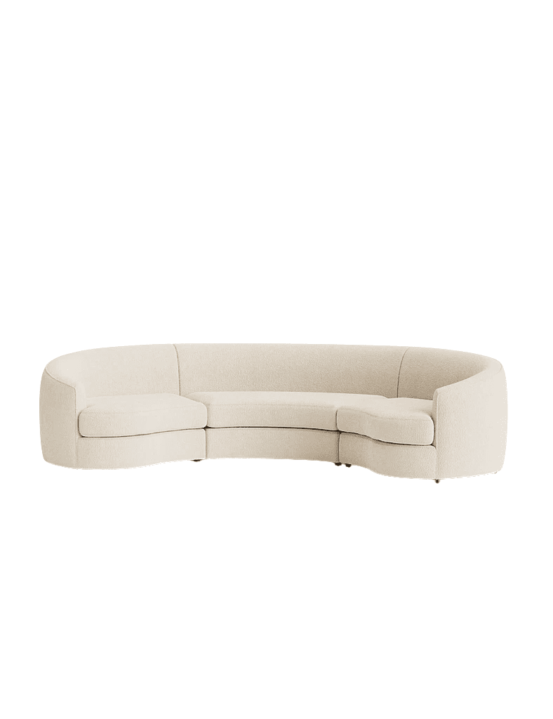 A curved sectional sofa with a textured, boucle-like upholstery. The sofa features a low profile and clean lines, with rounded arms and a segmented seating area. It appears to be composed of multiple modules arranged in a concave shape. — 3D model