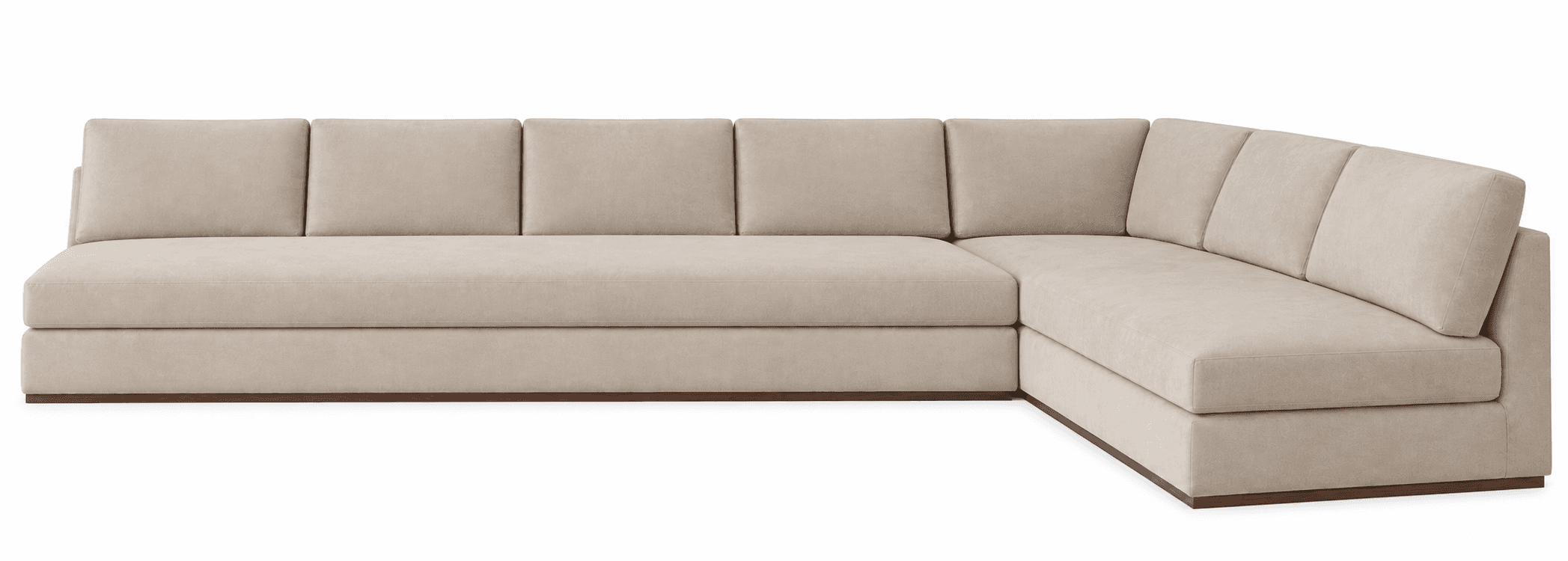 An L-shaped sectional sofa upholstered in a light beige, textured fabric, featuring a clean, contemporary design. It has deep seat cushions, individual square back cushions, and a low-profile silhouette with a dark wood plinth base. — 3D model