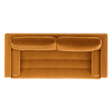 A three-seater sofa with a tufted seat cushion and two back cushions. It features straight arms and includes two cylindrical bolster pillows at the ends. The upholstery appears to be a plush velvet fabric. — 3D model