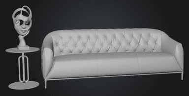 A modern three-seater sofa featuring a deeply button-tufted backrest, sleek integrated arms, three distinct seat cushions, and supported by a minimalist exposed metal frame with slim legs. The upholstery is a neutral grey. — 3D model