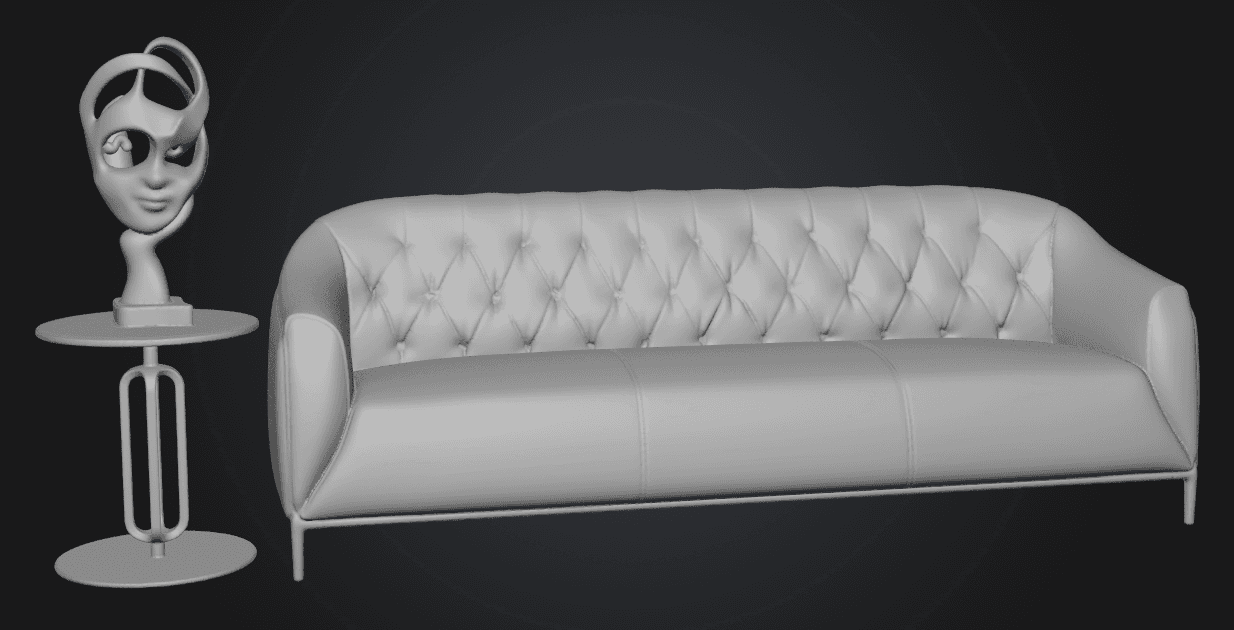 A modern three-seater sofa featuring a deeply button-tufted backrest, sleek integrated arms, three distinct seat cushions, and supported by a minimalist exposed metal frame with slim legs. The upholstery is a neutral grey. — 3D model