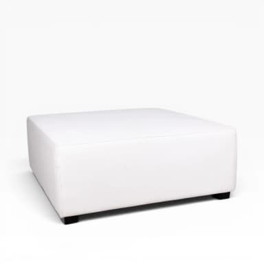 A contemporary square ottoman with clean lines, upholstered in white material, likely faux leather, and supported by low-profile, dark-colored feet. The upholstery features visible stitching along the edges, contributing to its tailored appearance. — 3D model