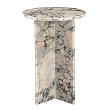 A small, round side table crafted entirely from marble. It features a circular top and a distinctive monolithic base composed of two flat, intersecting marble slabs that form a stable support. The marble exhibits a striking natural pattern with prominent veining in white, grey, and purplish-brown tones. — 3D model