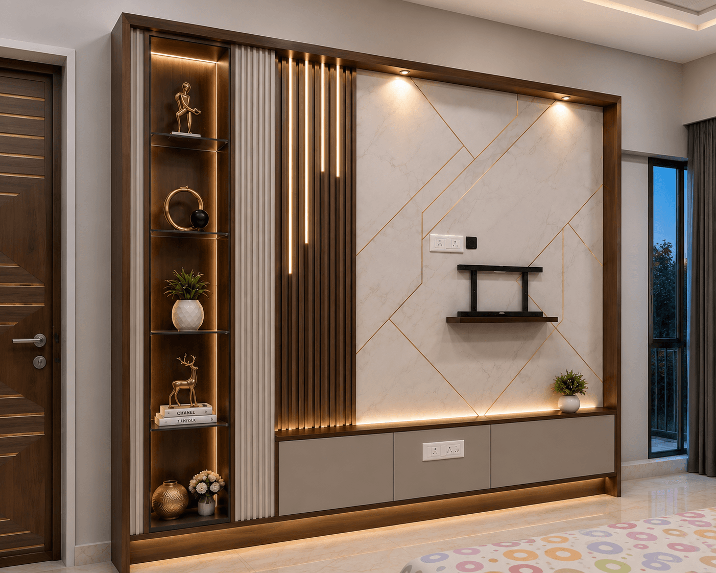 A large, built-in wall unit serving as an entertainment center and display cabinet. It features a central area designed to accommodate a television, an enclosed console unit with drawers or doors below, and illuminated display shelves on the left side. The design incorporates various textures, including a marble-patterned back panel with geometric gold inlays, vertical fluted panels, and dark wood accents. Integrated LED lighting highlights the display areas and overall structure. — 3D model