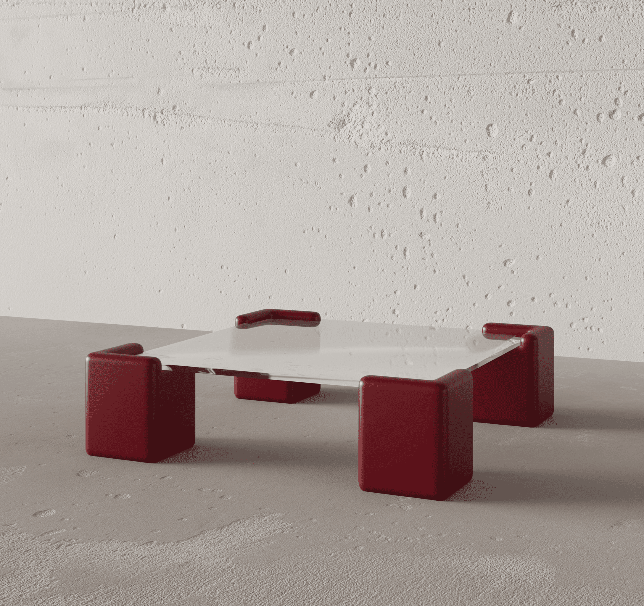 A modern coffee table featuring a clear glass top supported by four distinct, cube-like legs finished in a deep red matte lacquer. The legs have rounded corners and a substantial, blocky appearance, creating a strong visual contrast with the delicate glass surface. — 3D model