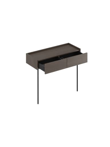 A minimalist console table featuring a dark wood-grain top and two integrated drawers, supported by slender black metal legs. The design is sleek and contemporary. — 3D model