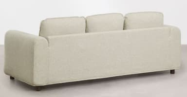 A light-colored, textured upholstered loveseat with wide, squared block arms, loose back and seat cushions, and a minimalist exposed dark wood base with short legs. — 3D model