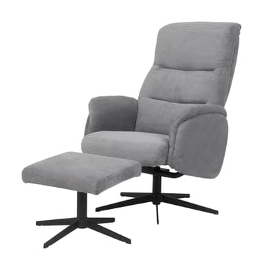A modern grey corduroy reclining lounge chair with a matching ottoman, both featuring a black four-star swivel base. The chair has a high back with segmented padding for lumbar support and integrated padded armrests. The corduroy fabric has a visible ribbed texture, and the overall design emphasizes comfort and relaxation. — 3D model
