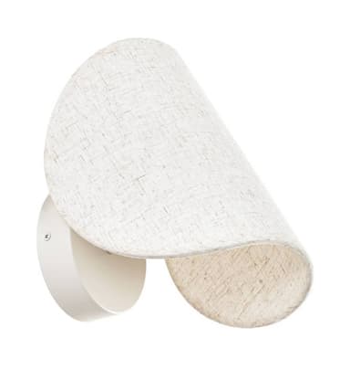 A contemporary wall sconce featuring a curved, off-white fabric shade attached to a round, cream-colored metal wall mount. The shade has a textured, linen-like appearance and is designed to diffuse light upwards and downwards. — 3D model