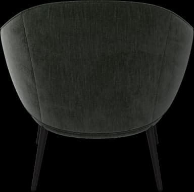 A contemporary lounge armchair featuring a curved, enveloping backrest that flows into integrated armrests. The chair is upholstered in a dark green textured fabric and supported by four slender, tapered black metal legs. — 3D model