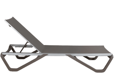 A modern chaise lounge chair with a dark grey fabric seat and backrest, supported by a grey aluminum frame. The chaise lounge features an adjustable backrest with a visible mechanical hinge and support structure, and a streamlined, contemporary design suitable for outdoor or indoor relaxation. — 3D model