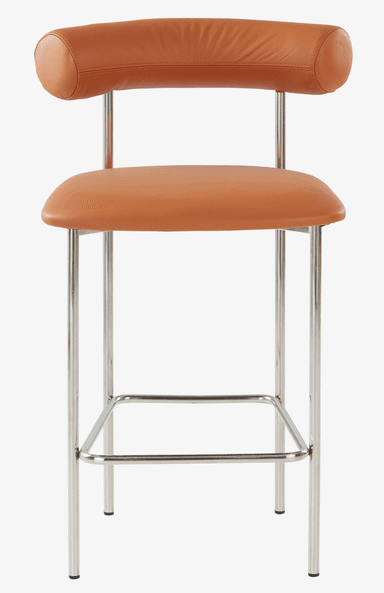 A modern bar stool featuring a square upholstered seat and a curved, cylindrical backrest, both covered in tan leather. The seat and back are supported by a sleek frame constructed from polished chrome tubular metal, which also forms an integrated square footrest for comfort. — 3D model