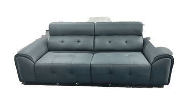 A contemporary dark gray faux leather two-seater sofa featuring tufted cushions, wide armrests, and adjustable cylindrical headrests, presented on a white background. — 3D model