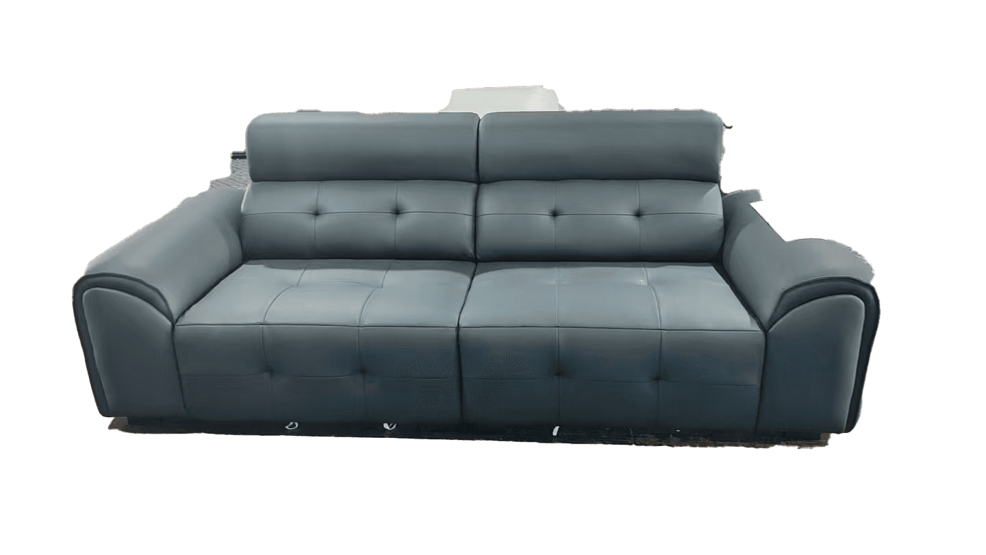 A contemporary dark gray faux leather two-seater sofa featuring tufted cushions, wide armrests, and adjustable cylindrical headrests, presented on a white background. — 3D model