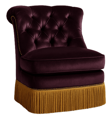 A tufted armchair with a high back and a rolled armrest. The upholstery appears to be velvet in a deep plum color. The base of the chair is adorned with a decorative fringe in a golden hue, secured by nailhead trim. The backrest features diamond tufting. — 3D model