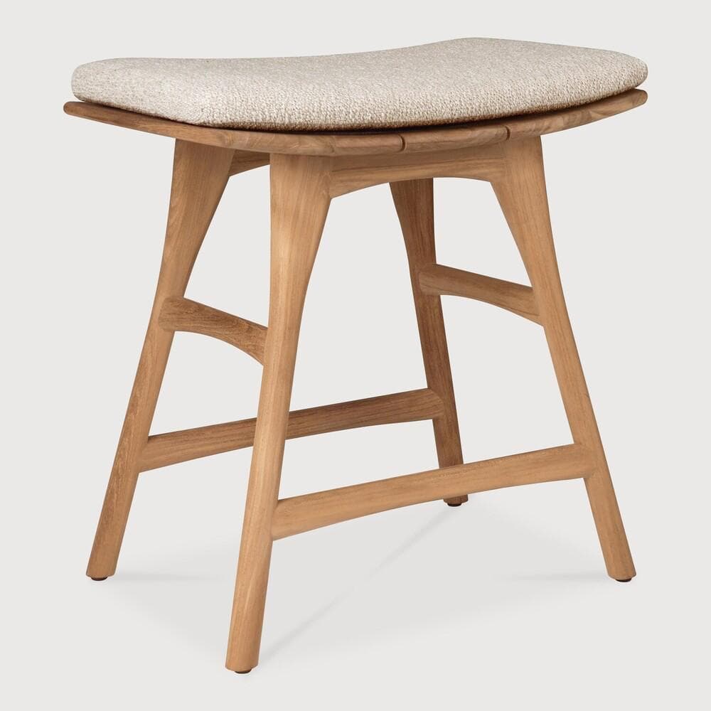 A modern bar stool with a curved, upholstered seat and a wooden frame. The frame features tapered legs and a stretcher for stability. The seat is rectangular with rounded corners and appears to be padded and covered in a textured fabric. — 3D model