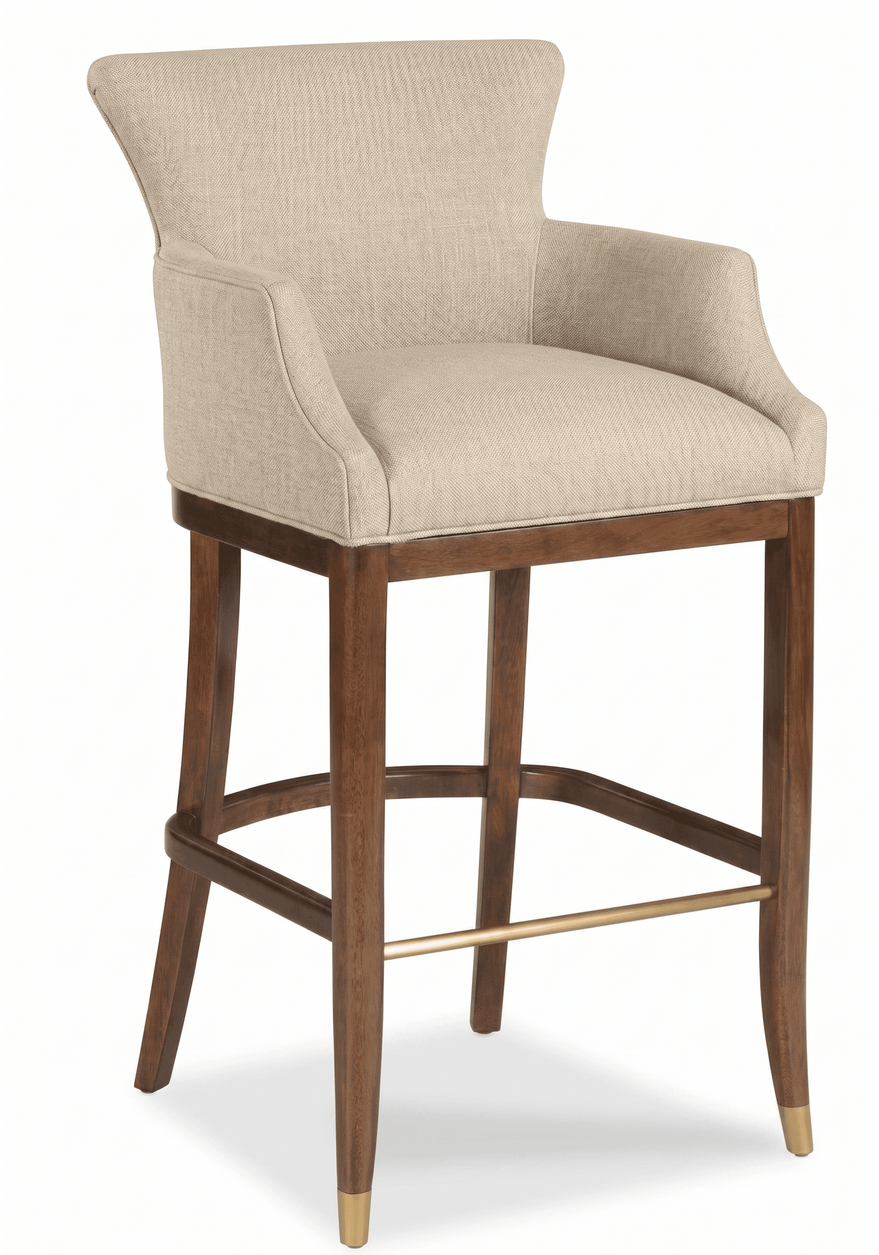 A bar stool with a high back and armrests, featuring a upholstered seat and back. The stool has a wooden frame with four legs connected by stretchers for stability. A brass-toned footrest is integrated between the legs. The legs have brass-toned caps at the bottom. — 3D model
