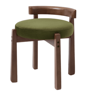 A contemporary wooden stool featuring a circular, upholstered seat in dark olive green velvet and a low, curved wooden backrest. The frame is constructed from medium-toned wood, with four straight legs slightly splayed for stability. The design is minimalist and functional. — 3D model