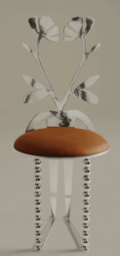 A striking stool crafted from polished silver-toned metal, featuring a circular, padded brown faux leather seat. The backrest is intricately designed in a stylized floral motif, cut from the same metal. The legs are distinctive, incorporating vertical rows of spherical metal embellishments, giving the piece a unique ornamental appearance. — 3D model