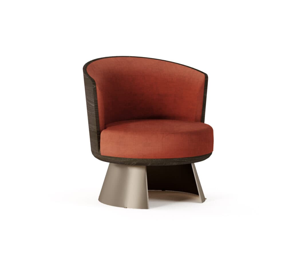 A modern armchair with a curved backrest and a rounded seat, upholstered in a textured orange fabric. The exterior of the backrest and seat base appears to be constructed from dark wood with a visible grain. The armchair rests on a distinctive conical metal base with a brushed finish. — 3D model