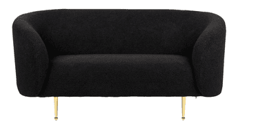 A contemporary black bouclé upholstered loveseat featuring a curved, enveloping back and armrests, supported by four slender, gold-finished metal legs. — 3D model