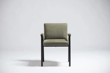 An armchair with a dark-colored frame and upholstered seat, back, and armrests in a light olive green fabric. The frame appears to be made of metal or a dark wood, with slender legs and arm supports. The upholstery has a textured weave. The design suggests a mid-century modern or contemporary aesthetic. — 3D model