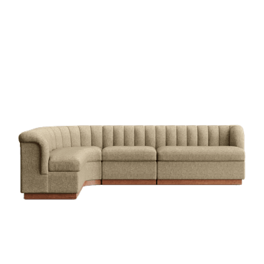 A beige L-shaped sectional sofa featuring vertical channel tufting on its backrest and arms, supported by a continuous, dark wood plinth base. The sofa is composed of modular sections, including a chaise element on the left side. — 3D model