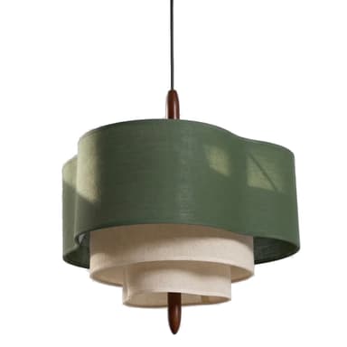 A multi-tiered pendant light featuring an undulating green fabric top shade and two cream-colored fabric shades beneath. It is suspended by a black cord with wooden finials at the top and bottom of the shade assembly. — 3D model