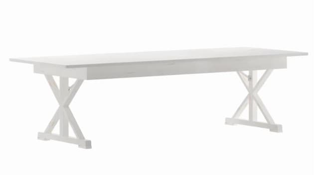 A long, rectangular dining table finished in matte white, featuring a sturdy tabletop and two distinct trestle bases. Each base is constructed with X-shaped supports connected by a central horizontal beam at the top, and rests on two parallel feet. The design is simple, robust, and evokes a modern farmhouse or rustic aesthetic. — 3D model