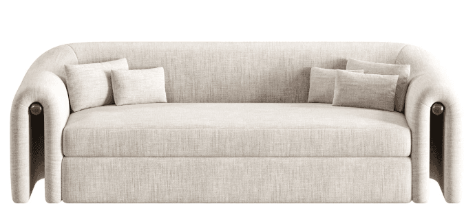 A contemporary three-seater sofa upholstered in a light, textured fabric, featuring distinctive rounded armrests that curve downwards to the floor. Each armrest is accentuated with a circular brass detail integrated into the inner curve. The sofa includes a single, wide seat cushion and a fixed backrest, complemented by four smaller rectangular throw pillows in a matching fabric. — 3D model