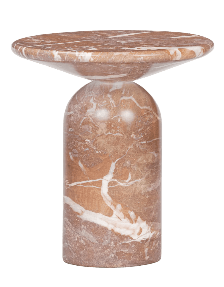 A modern side table with a rounded top and a cylindrical base, featuring a transitional bulbous shape where the top meets the base. The piece is constructed from a single block of veined marble. — 3D model